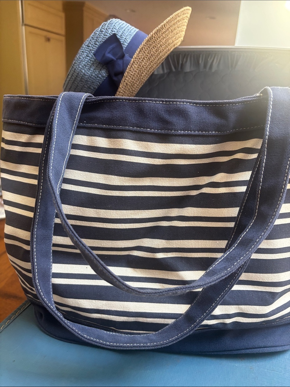 Navy and Cream Striped Canvas Tote Bag
